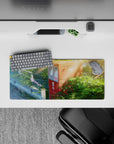 28x12 inches anime mouse pad in calm slice-of-life tones, gentle greens and dusty road blues with warm haze.