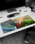 36x16 inches anime desk pad showing a vine-covered red post box on a quiet road with warm sun flare.
