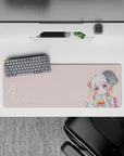 32x12 inches pastel pink and teal anime mouse pad with sparkly cute vibe, rainbow obi accents, soft desk feel.