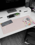 36x16 inches chibi anime kimono girl mouse pad, shy pose with glittery eyes on a cute pink backdrop.