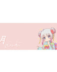 36x16 inches anime girl desk pad with chibi kimono, Tsuki 月 lettering, stars, and sparkly eyes.