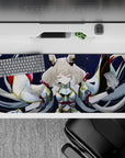 Navy starfield anime desk pad with gold trim and cyan gem glow, calming vibe, 36x16 inches.
