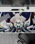 40x20 inches anime desk pad in deep navy and silver with calming cyan gem glows and soft magical mood.