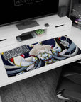 Closed-eyed silver-haired anime girl over deep night-sky backdrop desk pad, 36x16 inches.