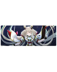 Celestial guardian anime girl mouse pad 32x12 inches with silver hair and wing-like ribbon sleeves.
