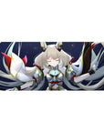 Celestial guardian anime girl desk pad with silver hair and ribboned wing sleeves, 36x16 inches.