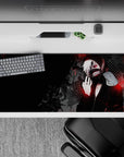 Dynamic 36x16 desk pad highlights Kaneki’s haunting mask, piercing red eyes, and intricate details in stunning visual contrast