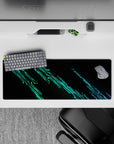 Intense 32x12 desk mat features glowing circuits and neon accents with intricate details for fans of tech-inspired art