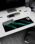 Small but impactful 32x12 desk mat showcases futuristic vibes with striking neon green and dark contrast artistry