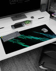 Dynamic artwork on 36x16 desk mat captures the essence of high-speed technology with bold, modern aesthetics
