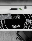 Striking 36x16 desk pad highlights swirling koi with intricate yin-yang balance in stunning monochrome detail