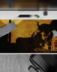 Cinematic 40x20 desk pad with Spike Spiegel in a western-inspired silhouette, using sepia tones and textured shadows to capture his final moments