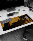 Cinematic composition 36x16 anime desk mat with Spike Spiegel in a western-inspired silhouette, featuring aged sepia tones and textured shadows for a deep tribute