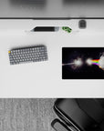 Moody 14x10 inches mouse pad in deep black with rainbow light bands and soft smoky glow edges.