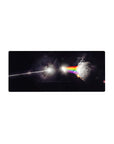 Space prism beam sci-fi mouse pad 28x12 inches with dark triangle, cracked moon, and starscape.