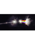 Black space desk pad 36x16 inches with prism beam, shadow triangle, cracked moon, and rainbow bands.