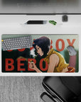32x16 inches mouse pad with Faye Valentine, soft lighting, smoke, and grunge typography for a modern, nostalgic look.