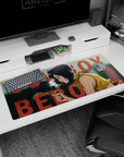 Artistic 36x16 inches mouse pad with Faye Valentine, soft lighting, smoke, and grunge typography for a nostalgic vibe.