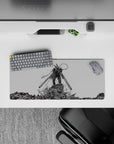 Chainsaw Man anime mouse pad featuring Denji's hybrid form in black-and-white, size 28x12 inches, evokes raw chaos.