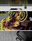 Vibrant 40x20 inches anime desk pad in neon gold and crimson, techno-magic vibe for smooth mouse tracking.