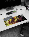Anime girl mouse pad 28x12 inches showing a sharp-eyed heroine with honey hair, red eyes, hand-to-chin pose.