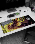 36x16 inches anime girl desk pad featuring honey-haired, red-eyed heroine posing hand-to-chin in a crisp jacket.