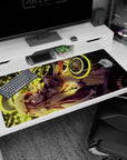 40x20 inches anime girl desk pad featuring honey-haired, crimson-eyed heroine posing hand-to-chin in a jacket.