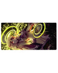 Anime girl mouse pad 32x16 inches with gold rings, suited heroine, techno numbers, and honey-blonde hair.