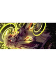 Anime girl desk pad 36x16 inches with neon gold rings, suit-and-tie heroine, and glowing numbers backdrop.