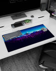 Modern 32x16 inches mouse pad showcasing a firewatch scene with a moonlit watchtower amidst mountains for vibrant beauty.