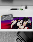 Anime mouse pad 32x12 inches featuring a neko girl with golden eyes, black hair, and feline ears on a royal purple backdrop.