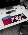 Anime mouse pad 32x12 inches featuring a mischievous cat girl with golden eyes, black hair, purple backdrop, and feline ears.