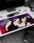 Anime desk pad featuring a mischievous character with golden eyes and feline ears on a 40x20 inch royal purple backdrop.