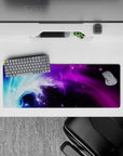 Intense 32x12 desk mat features swirling lights and vibrant tones with intricate nebula details for fans of the cosmos