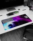 Stellar energy design on 32x16 desk mat brings Nebula Flow's galactic aesthetic to life vividly