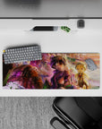 32x12 inches anime mouse pad in warm gold cliffs and violet mist, cozy dreamy adventure vibe.
