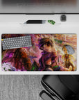 32x16 inches anime mouse pad in warm gold cliffs and violet mist, cozy dreamy adventure mood.