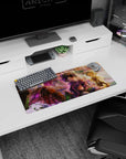 Anime mouse pad 28x12 inches showing a grinning boy and surprised girl meeting fluffy critters in misty canyon.