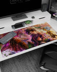 40x20 inches anime desk pad showing grinning boy and surprised girl meeting fluffy creatures in a canyon.