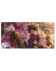 32x16 inches anime mouse pad with canyon explorers in big helmets meeting fluffy creatures, detailed scene.