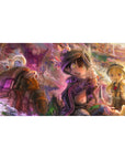 Anime desk pad 40x20 inches with canyon explorers, fluffy creatures, helmets, goggles, and rugged details.