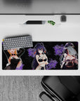 32x12 inches anime desk mat in velvety black with smoky violet florals and glossy highlights, late-night lounge mood.