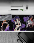 Late-night lounge anime desk pad 36x16 inches in velvety blacks with smoky violet flowers and glossy highlights.