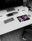 Bunny-suit blonde with two cute troublemakers on anime mouse pad 14x10 inches, dark lounge backdrop.