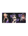 28x12 inches anime girl desk mouse pad with trio in bunny suit, ribbons, and lace, glossy poster-style art.