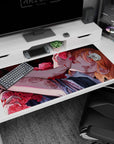 Large 40x20 inches desk pad with a cursed bloom, featuring roses and blood in a mesmerizing contrast, perfect for Jujutsu Kaisen fans.
