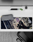 Moody cyberpunk desk mat 32x12 inches in pale light, violet eyes, silver hair glow, noir shadows.