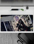 Dark cyberpunk anime girl mouse pad 32x16 inches in black with red trim, violet eyes, pale moody light.