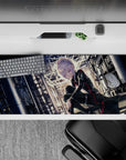 Moody black-and-red anime desk pad 36x16 inches with pale glow, violet eyes, and cyberpunk noir vibe.