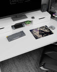 Silver-haired anime girl mouse pad 14x10 inches, staring forward under moody steel beams and city lights.